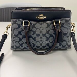 Coach Gray & Black Signature Canvas Satchel with Gold Hardware